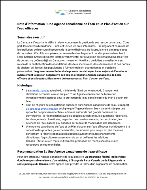 Texte alternatif : Une image dun document français intitulé « Note dinformation : Une Agence canadienne de leau et un Plan daction sur leau efficaces » comportant des sections sur le résumé, le contexte historique et les plans daction pour leau, avec un logo de la Coalition canadienne de leau. / Image dun document en français intitulé Note dinformation: Une Agence canadienne de leau et un Plan daction sur leau efficaces présentant des sections sur le résumé exécutif, le contexte historique et les plans d action sur leau, avec un logo de la coalition canadienne pour leau.
