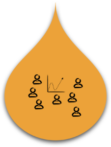 An orange water droplet icon featuring six stylized person symbols surrounding a chart with an upward-trending arrow, symbolizing collaboration, growth, and progress within a community or organization.