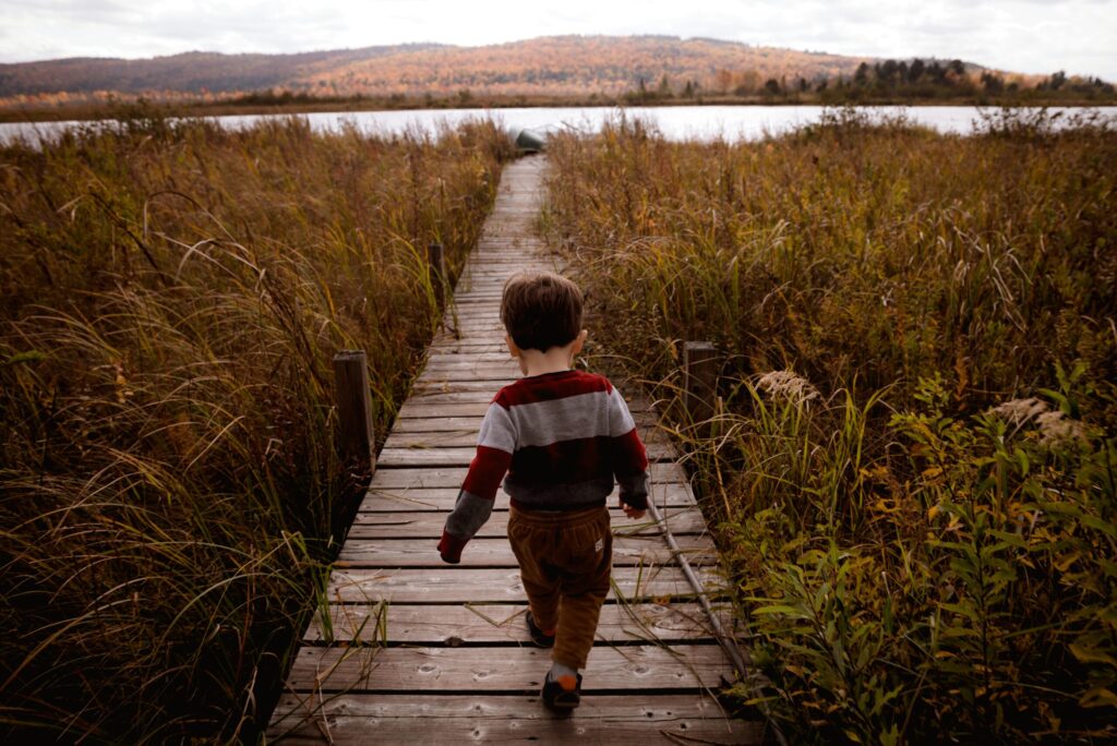 Texte alternatif : Un enfant marche le long dun sentier en bois entouré dherbes hautes, menant à un lac. La scène se déroule dans un paysage d’automne avec des arbres colorés et un ciel couvert en arrière-plan. Lenfant porte un pull rayé et un pantalon. / Un enfant marche sur un chemin de bois entouré de hautes herbes, menant vers un lac. La scène est située dans un paysage dautomne avec des arbres colorés et un ciel couvert en arrière-plan. Lenfant porte un pull rayé et un pantalon.